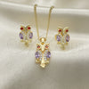 Oro Laminado Earring and Pendant Adult Set, Gold Filled Style Owl Design, with Amethyst and Garnet Cubic Zirconia, Polished, Golden Finish, 10.210.0123.2