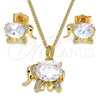 Oro Laminado Earring and Pendant Adult Set, Gold Filled Style Elephant Design, with White Cubic Zirconia and White Micro Pave, Polished, Golden Finish, 10.210.0125