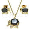 Oro Laminado Earring and Pendant Adult Set, Gold Filled Style Elephant Design, with Black Cubic Zirconia and White Micro Pave, Polished, Golden Finish, 10.210.0125.1