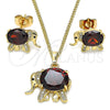 Oro Laminado Earring and Pendant Adult Set, Gold Filled Style Elephant Design, with Garnet Cubic Zirconia and White Micro Pave, Polished, Golden Finish, 10.210.0125.2