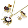 Oro Laminado Earring and Pendant Adult Set, Gold Filled Style Elephant Design, with Garnet Cubic Zirconia and White Micro Pave, Polished, Golden Finish, 10.210.0125.2