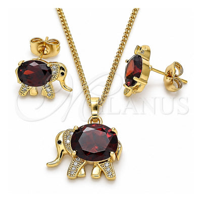 Oro Laminado Earring and Pendant Adult Set, Gold Filled Style Elephant Design, with Garnet Cubic Zirconia and White Micro Pave, Polished, Golden Finish, 10.210.0125.2