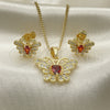 Oro Laminado Earring and Pendant Adult Set, Gold Filled Style Butterfly Design, with Garnet Cubic Zirconia and White Micro Pave, Polished, Golden Finish, 10.210.0128.2