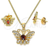 Oro Laminado Earring and Pendant Adult Set, Gold Filled Style Butterfly Design, with Garnet Cubic Zirconia and White Micro Pave, Polished, Golden Finish, 10.210.0128.2