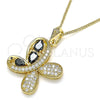 Oro Laminado Pendant Necklace, Gold Filled Style Butterfly and Teardrop Design, with Black Cubic Zirconia and White Micro Pave, Polished, Golden Finish, 04.323.0012.2.20 (02 MM Thickness, 20 Inches Length)