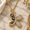 Oro Laminado Pendant Necklace, Gold Filled Style Butterfly and Teardrop Design, with Black Cubic Zirconia and White Micro Pave, Polished, Golden Finish, 04.323.0012.2.20 (02 MM Thickness, 20 Inches Length)