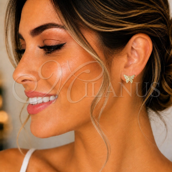 Oro Laminado Stud Earring, Gold Filled Style Butterfly Design, with White Micro Pave, Polished, Golden Finish, 02.94.0123