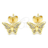 Oro Laminado Stud Earring, Gold Filled Style Butterfly Design, with White Micro Pave, Polished, Golden Finish, 02.94.0123
