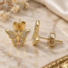 Oro Laminado Stud Earring, Gold Filled Style Butterfly Design, with White Micro Pave, Polished, Golden Finish, 02.94.0123