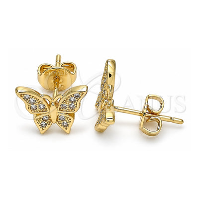 Oro Laminado Stud Earring, Gold Filled Style Butterfly Design, with White Micro Pave, Polished, Golden Finish, 02.94.0123