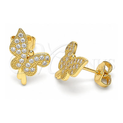 Oro Laminado Stud Earring, Gold Filled Style Butterfly Design, with White Micro Pave, Polished, Golden Finish, 02.94.0127