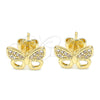 Oro Laminado Stud Earring, Gold Filled Style Butterfly Design, with White Micro Pave, Polished, Golden Finish, 02.94.0132