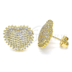 Oro Laminado Stud Earring, Gold Filled Style Heart Design, with White Micro Pave, Polished, Golden Finish, 02.156.0407