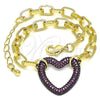 Oro Laminado Fancy Bracelet, Gold Filled Style Paperclip and Heart Design, with Garnet Micro Pave, Polished, Black Rhodium Finish, 03.341.0054.2.07 (06 MM Thickness, 7 Inches Length)