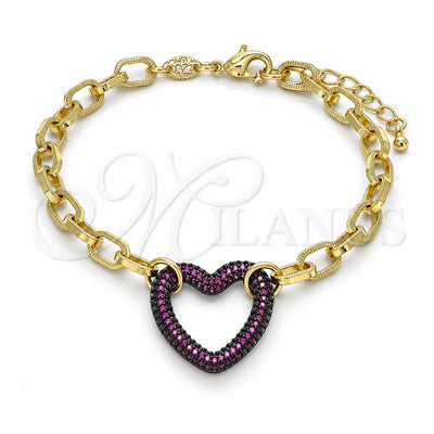 Oro Laminado Fancy Bracelet, Gold Filled Style Paperclip and Heart Design, with Garnet Micro Pave, Polished, Black Rhodium Finish, 03.341.0054.2.07 (06 MM Thickness, 7 Inches Length)