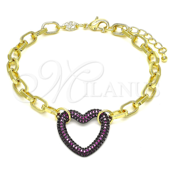 Oro Laminado Fancy Bracelet, Gold Filled Style Paperclip and Heart Design, with Garnet Micro Pave, Polished, Black Rhodium Finish, 03.341.0054.2.07 (06 MM Thickness, 7 Inches Length)