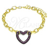 Oro Laminado Fancy Bracelet, Gold Filled Style Paperclip and Heart Design, with Garnet Micro Pave, Polished, Black Rhodium Finish, 03.341.0054.2.07 (06 MM Thickness, 7 Inches Length)