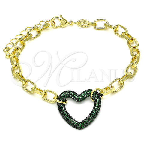 Oro Laminado Fancy Bracelet, Gold Filled Style Paperclip and Heart Design, with Green Micro Pave, Polished, Black Rhodium Finish, 03.341.0054.4.07 (06 MM Thickness, 7 Inches Length)
