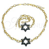 Oro Laminado Necklace and Bracelet, Gold Filled Style Paperclip and Star of David Design, with Green Micro Pave, Polished, Black Rhodium Finish, 06.341.0003.4