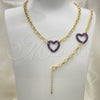 Oro Laminado Necklace and Bracelet, Gold Filled Style Paperclip and Heart Design, with Ruby Micro Pave, Polished, Black Rhodium Finish, 06.341.0004.2