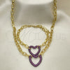 Oro Laminado Necklace and Bracelet, Gold Filled Style Paperclip and Heart Design, with Ruby Micro Pave, Polished, Black Rhodium Finish, 06.341.0004.2