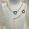 Oro Laminado Necklace and Bracelet, Gold Filled Style Paperclip and Heart Design, with Sapphire Blue Micro Pave, Polished, Black Rhodium Finish, 06.341.0004.3