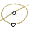 Oro Laminado Necklace and Bracelet, Gold Filled Style Paperclip and Heart Design, with Sapphire Blue Micro Pave, Polished, Black Rhodium Finish, 06.341.0004.3