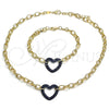 Oro Laminado Necklace and Bracelet, Gold Filled Style Paperclip and Heart Design, with Sapphire Blue Micro Pave, Polished, Black Rhodium Finish, 06.341.0004.3