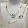 Oro Laminado Necklace and Bracelet, Gold Filled Style Paperclip and Heart Design, with Green Micro Pave, Polished, Black Rhodium Finish, 06.341.0004.4