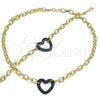Oro Laminado Necklace and Bracelet, Gold Filled Style Paperclip and Heart Design, with Green Micro Pave, Polished, Black Rhodium Finish, 06.341.0004.4