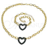 Oro Laminado Necklace and Bracelet, Gold Filled Style Paperclip and Heart Design, with Green Micro Pave, Polished, Black Rhodium Finish, 06.341.0004.4