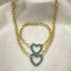 Oro Laminado Necklace and Bracelet, Gold Filled Style Paperclip and Heart Design, with Green Micro Pave, Polished, Black Rhodium Finish, 06.341.0004.4