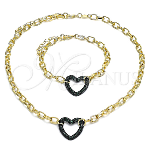 Oro Laminado Necklace and Bracelet, Gold Filled Style Paperclip and Heart Design, with Green Micro Pave, Polished, Black Rhodium Finish, 06.341.0004.4