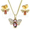 Oro Laminado Earring and Pendant Adult Set, Gold Filled Style Bee Design, with Garnet Cubic Zirconia and White Micro Pave, Polished, Golden Finish, 10.210.0122.3