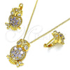 Oro Laminado Earring and Pendant Adult Set, Gold Filled Style Owl Design, with Amethyst Cubic Zirconia and White Micro Pave, Polished, Golden Finish, 10.210.0138