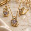 Oro Laminado Earring and Pendant Adult Set, Gold Filled Style Owl Design, with Amethyst Cubic Zirconia and White Micro Pave, Polished, Golden Finish, 10.210.0138