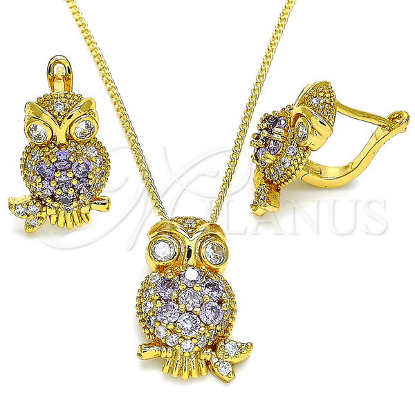 Oro Laminado Earring and Pendant Adult Set, Gold Filled Style Owl Design, with Amethyst Cubic Zirconia and White Micro Pave, Polished, Golden Finish, 10.210.0138