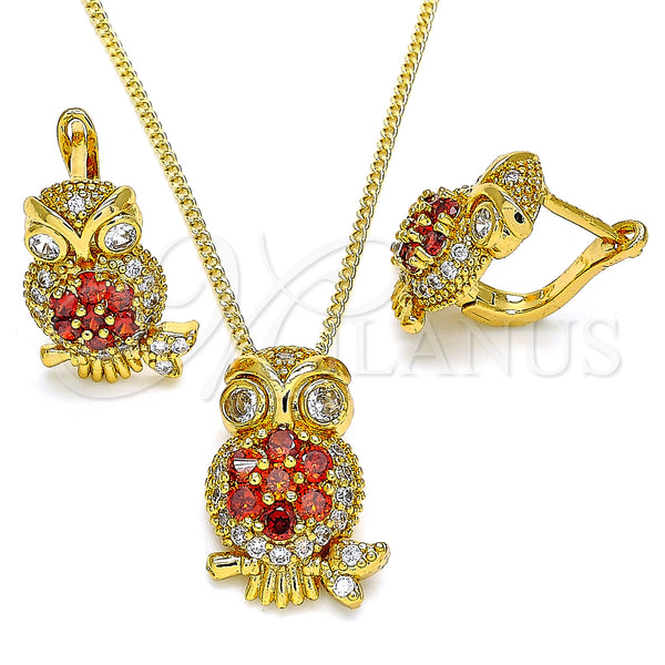Oro Laminado Earring and Pendant Adult Set, Gold Filled Style Owl Design, with Garnet Cubic Zirconia and White Micro Pave, Polished, Golden Finish, 10.210.0138.1