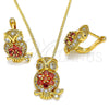 Oro Laminado Earring and Pendant Adult Set, Gold Filled Style Owl Design, with Garnet Cubic Zirconia and White Micro Pave, Polished, Golden Finish, 10.210.0138.1