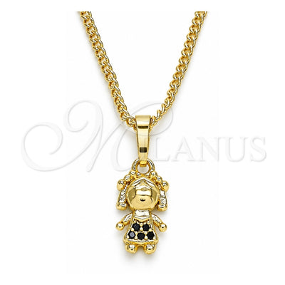 Oro Laminado Pendant Necklace, Gold Filled Style Little Girl Design, with Black Micro Pave, Polished, Golden Finish, 04.316.0001.2.20 (02 MM Thickness, 20 Inches Length)