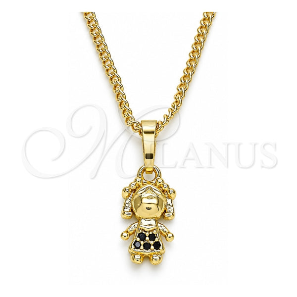 Oro Laminado Pendant Necklace, Gold Filled Style Little Girl Design, with Black Micro Pave, Polished, Golden Finish, 04.316.0001.2.20 (02 MM Thickness, 20 Inches Length)