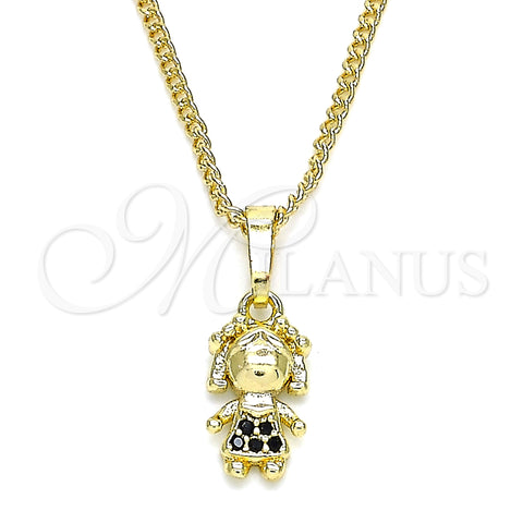 Oro Laminado Pendant Necklace, Gold Filled Style Little Girl Design, with Black Micro Pave, Polished, Golden Finish, 04.316.0001.2.20 (02 MM Thickness, 20 Inches Length)