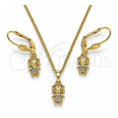 Oro Laminado Earring and Pendant Adult Set, Gold Filled Style Little Girl Design, with White Micro Pave, Polished, Golden Finish, 10.316.0056