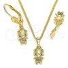 Oro Laminado Earring and Pendant Adult Set, Gold Filled Style Little Girl Design, with Multicolor Micro Pave, Polished, Golden Finish, 10.316.0056.1