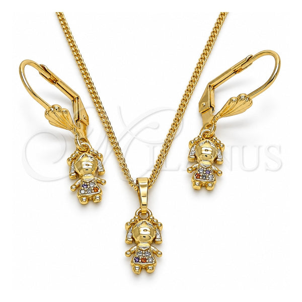 Oro Laminado Earring and Pendant Adult Set, Gold Filled Style Little Girl Design, with Multicolor Micro Pave, Polished, Golden Finish, 10.316.0056.1