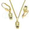 Oro Laminado Earring and Pendant Adult Set, Gold Filled Style Little Girl Design, with Black Micro Pave, Polished, Golden Finish, 10.316.0056.2