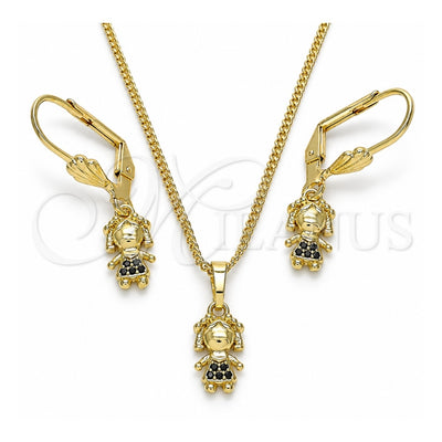 Oro Laminado Earring and Pendant Adult Set, Gold Filled Style Little Girl Design, with Black Micro Pave, Polished, Golden Finish, 10.316.0056.2