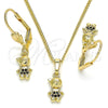 Oro Laminado Earring and Pendant Adult Set, Gold Filled Style Little Boy Design, with Black Micro Pave, Polished, Golden Finish, 10.316.0057.2