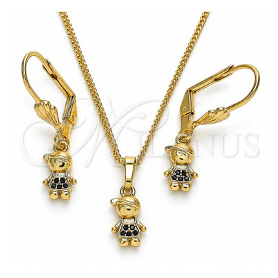 Oro Laminado Earring and Pendant Adult Set, Gold Filled Style Little Boy Design, with Black Micro Pave, Polished, Golden Finish, 10.316.0057.2