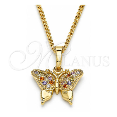 Oro Laminado Pendant Necklace, Gold Filled Style Butterfly Design, with Multicolor Micro Pave, Polished, Golden Finish, 04.316.0003.1.20 (02 MM Thickness, 20 Inches Length)